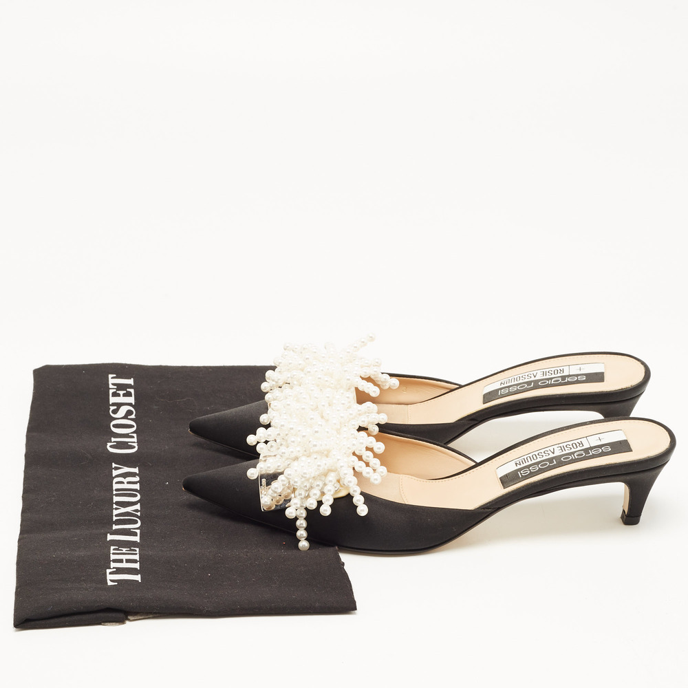 Sergio Rossi x Rosie Assoulin Black Satin Pearl Embellished Mules Size 39.5 - Picture 8 of 8